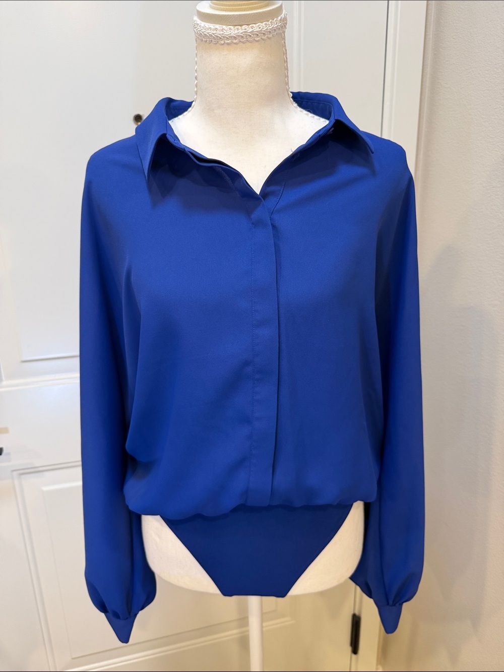 Express Cobalt Blue Long-Sleeve Button-Down Bodysuit Shirt - Picture 2 of 7